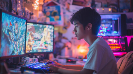 Fototapeta premium A teenager focused intently on a gaming console, surrounded by posters, snacks, and a colorful LED-lit gaming setup, fully immersed in the virtual world. v2