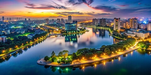 Fototapeta premium Aerial Drone Night View of Hanoi Cityscape Over Linh Dam Lake: Vibrant Urban Lights and Reflection
