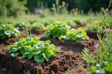 Organic Garden with Raised Beds and Blooming Flowers