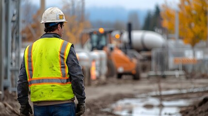 Septic Truck on Dirt Road - Worker in High-Visibility Vest Operating Machinery at Industrial Sewage System Site