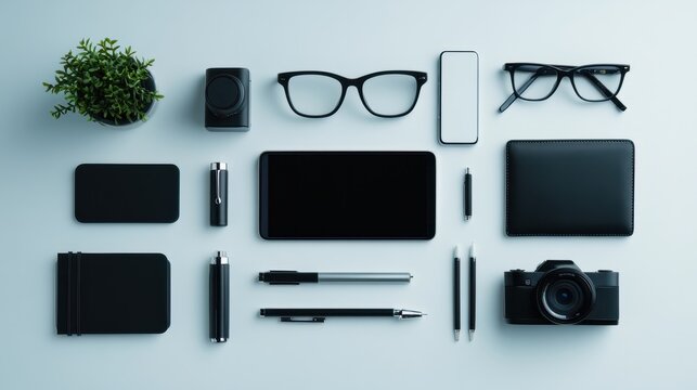 Organized flat lay of modern black tech gadgets and stationery on a white table, showcasing minimalist and streamlined aesthetics.