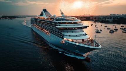 Large cruise ship sailing through a harbor at sunset with fireworks in the sky, surrounded by smaller boats and a city skyline in the background.