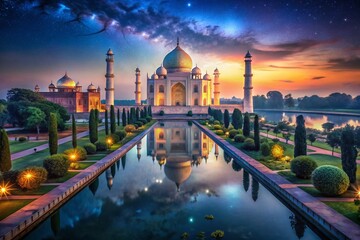 Naklejka premium Aerial Night View of Taj Mahal: Illuminated Mosque and Reflection in Water, India