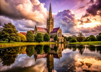 Obraz premium Aerial Panoramic View of Salisbury Cathedral Reflected in Flooded Fields Water