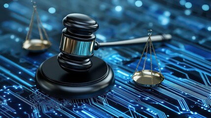 A gavel and scales of justice on a circuit board, representing the concept of cyber law.