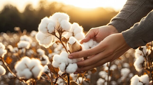 A hand gently holds a fluffy cotton boll on a plant in a sunlit cotton field.