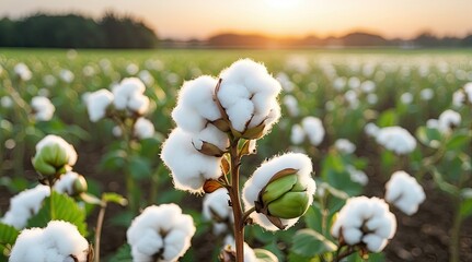 A hand gently holds a fluffy cotton boll on a plant in a sunlit cotton field.