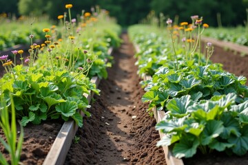 Organic Garden with Raised Beds and Blooming Flowers