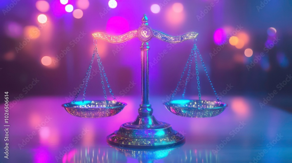 Aufkleber a scale of justice stands in front of a blurred background of colorful lights.