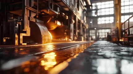 Steel plant with molten metal being poured, highlighting metal production