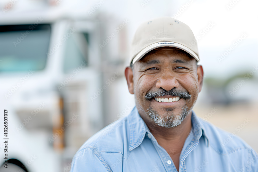 Wall mural smiling portrait of a middle-aged mexican truck driver – celebrating diversity in transportation