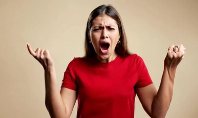 Young sad angry nervous dissatisfied woman she wear red t-shirt casual clothes spread hands scream...