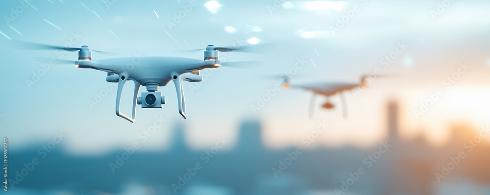 Poster ai-powered drones capturing sky maps of futuristic cities: autonomous operations managed by remote a