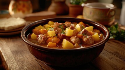 Stew on a wooden table, ready to be served