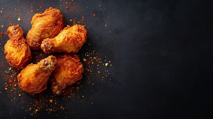 Crispy Fried Chicken Legs with Spices on Black Background