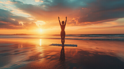 A person practicing yoga at sunrise on a quiet beach, with gentle waves lapping at their feet and the sky painted in hues of orange and pink. v2