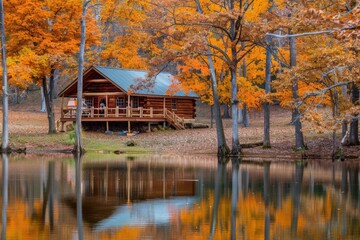 A cozy cabin sitting on the shore of a serene lake, surrounded by trees