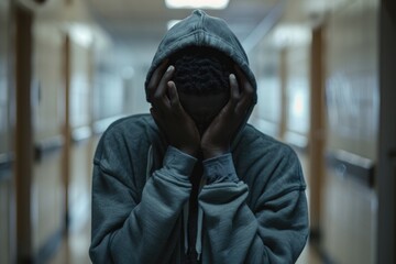 A person wearing a hoodie hides their face with their hands, conveying secrecy or anonymity
