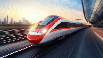 Obraz premium High-Speed Train in Urban Landscape at Sunrise