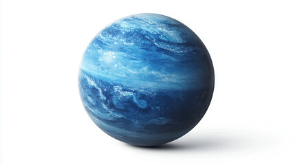 A scientific illustration of the planet Neptune, depicted as a bright sphere with characteristic blue atmospheric shades and swirling cloud layers. The planet is shadowed against a white background