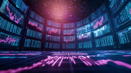 Obraz premium Futuristic trading floor with screens displaying rising stock charts, all-time highs, modern technology