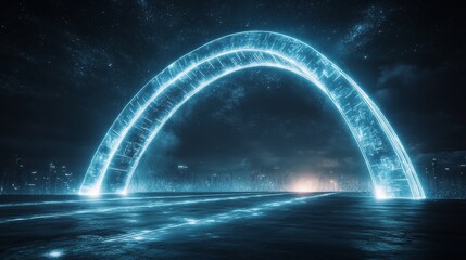 Futuristic Neon Archway Over a Cityscape Under a Starry Sky