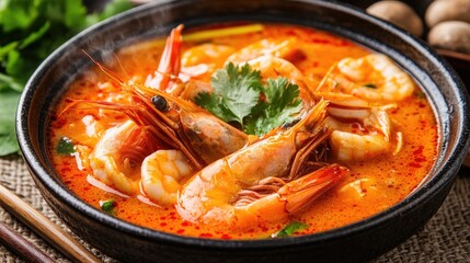 Delicious shrimp soup in a black bowl