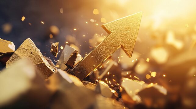 Golden arrows breaking through barriers, symbolizing unstoppable growth and record market highs, sharp contrast and energy