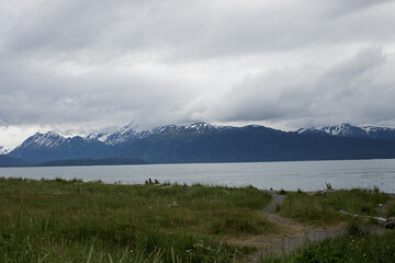 meadow with water mountains and cloudy sky
