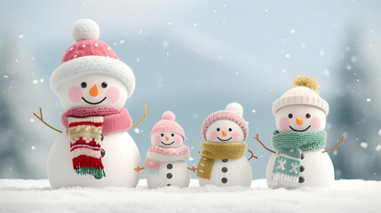Snowman Family Dressed in Colourful Scarves and Hats – Festive Winter Decorations and Holiday Cheer