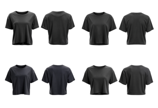 Set of black loose cropped midriff tee t-shirt round neck png