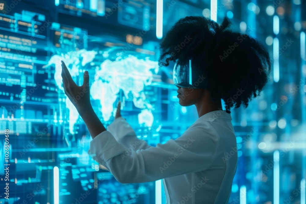 Poster a woman in a white lab coat interacts with a holographic display of global data in a futuristic tech