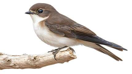 Fototapeta premium Sea Sparrow Bird Perched on a Branch on a White Background, Realistic Photo, Standard Background, Wallpaper, Cover and Screen for Smartphone, PC, Laptop, 16:9 and 9:16 Format