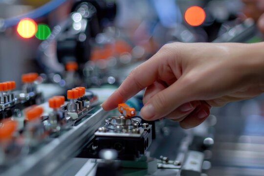 Close-up of a hand pressing a button on a machine, possibly industrial or technical device