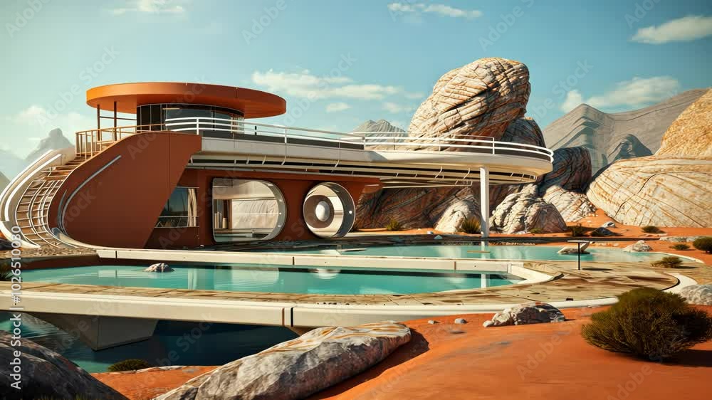 Poster retro futuristic architecture in sci-fi scene on the desert planet. alien landscape with nostalgic r
