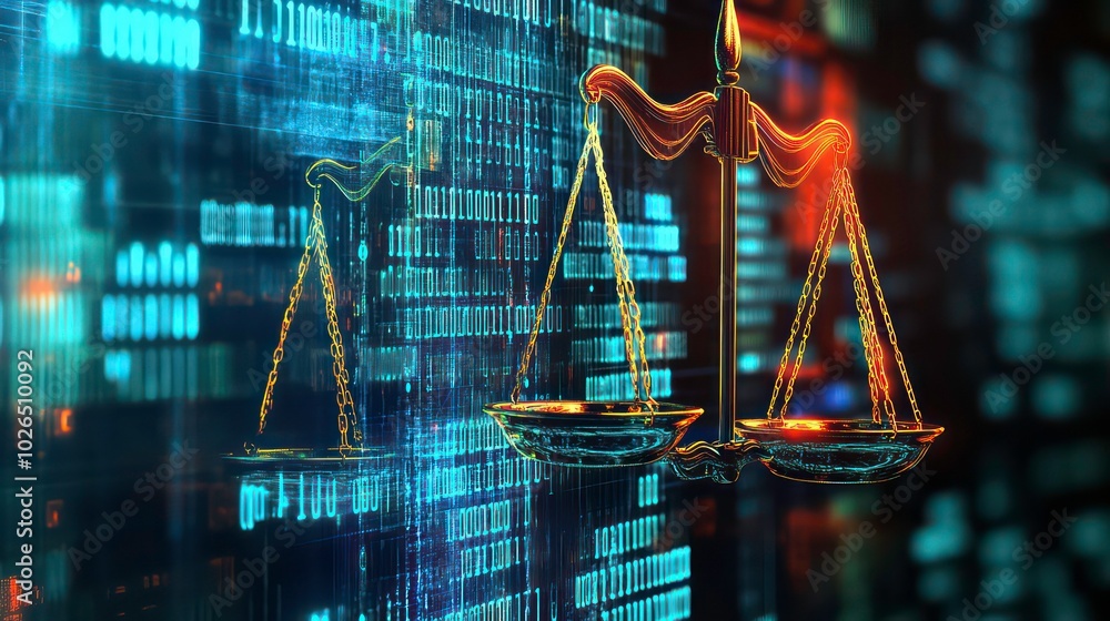 Poster a 3d rendering of a golden scales of justice with a glowing blue and red digital code background.