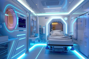 Fototapeta premium A hospital room with a bed and neon lights, suitable for medical or health-related projects