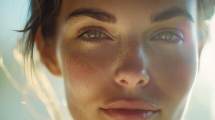 A close-up of a woman's face with distinctive freckles, great for portraits or beauty shots