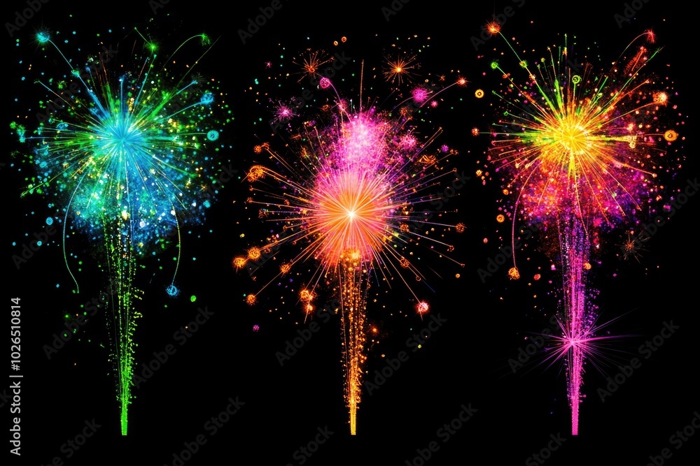 Poster a group of vibrant fireworks exploding against a dark backdrop