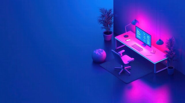 Isometric office layout with smart workstations, energyefficient lighting, and voiceactivated climate control