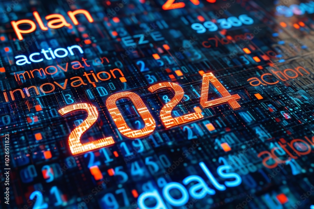 Poster digital representation of 2024 goals with focus on action and innovation during a futuristic plannin