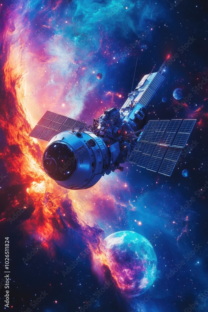 Poster a space station floating in the vastness of a galaxy, with stars and planets shining in the backgrou