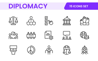 Diplomacy Line  Icons set. Vector illustration in modern thin line style of political dialogue related icons: summit, diplomatic, politics, debate, and more.
