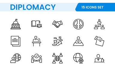 Diplomacy Line  Icons set. Vector illustration in modern thin line style of political dialogue related icons: summit, diplomatic, politics, debate, and more.