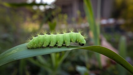 Naklejka premium Green Caterpillar with Spiky Hairs on a Leaf