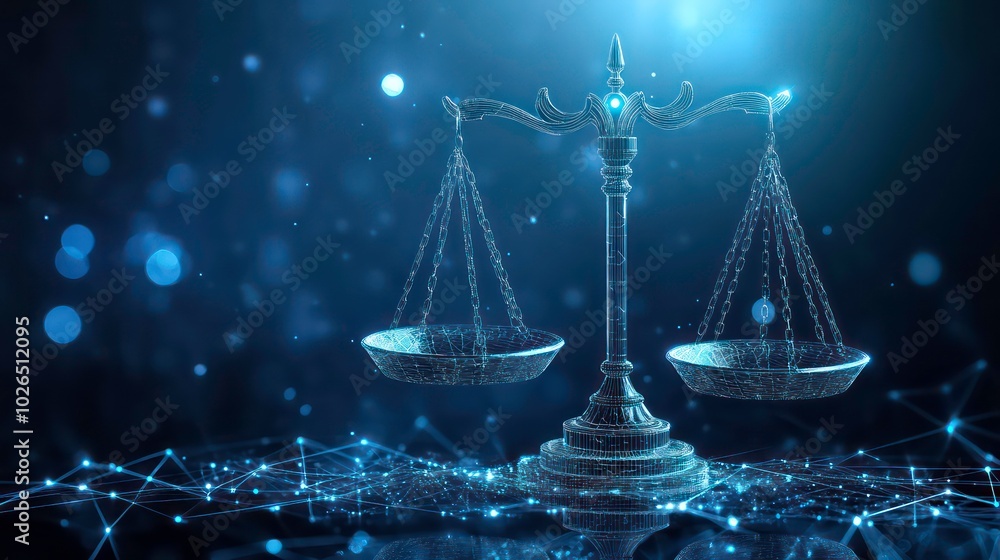 Poster a digital representation of a scale of justice on a dark blue background with a network of glowing l