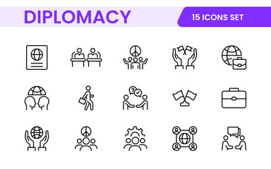 Diplomacy Line  Icons set. Vector illustration in modern thin line style of political dialogue related icons: summit, diplomatic, politics, debate, and more.