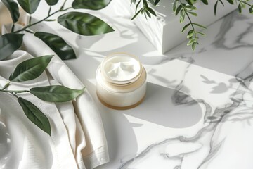 A jar of cream sits next to a plant on a table, ideal for still life or beauty product photography