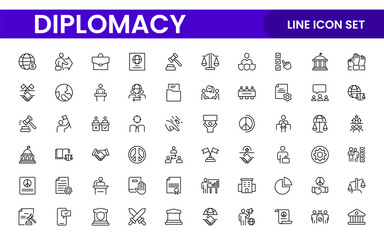 Diplomacy Line  Icons set. Vector illustration in modern thin line style of political dialogue related icons: summit, diplomatic, politics, debate, and more.