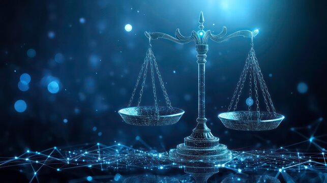 A digital representation of a scale of justice on a dark blue background with a network of glowing lines.
